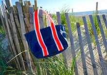 Load image into Gallery viewer, Blue Life Jacket &amp; Fish Waxed Canvas Tote